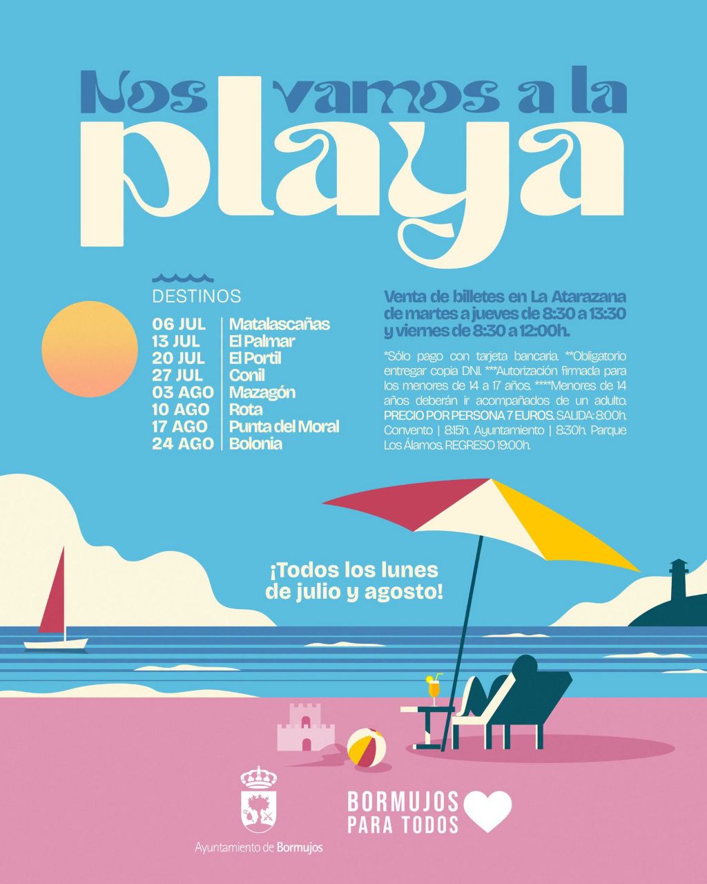 Bormujos pone a la venta los billetes para los viajes a la playa de julio y agosto 