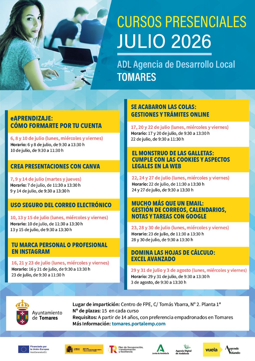 El Ayuntamiento de Tomares organiza en julio ocho cursos presenciales gratuitos dirigidos a mejorar las competencias digitales de la ciudadanía
