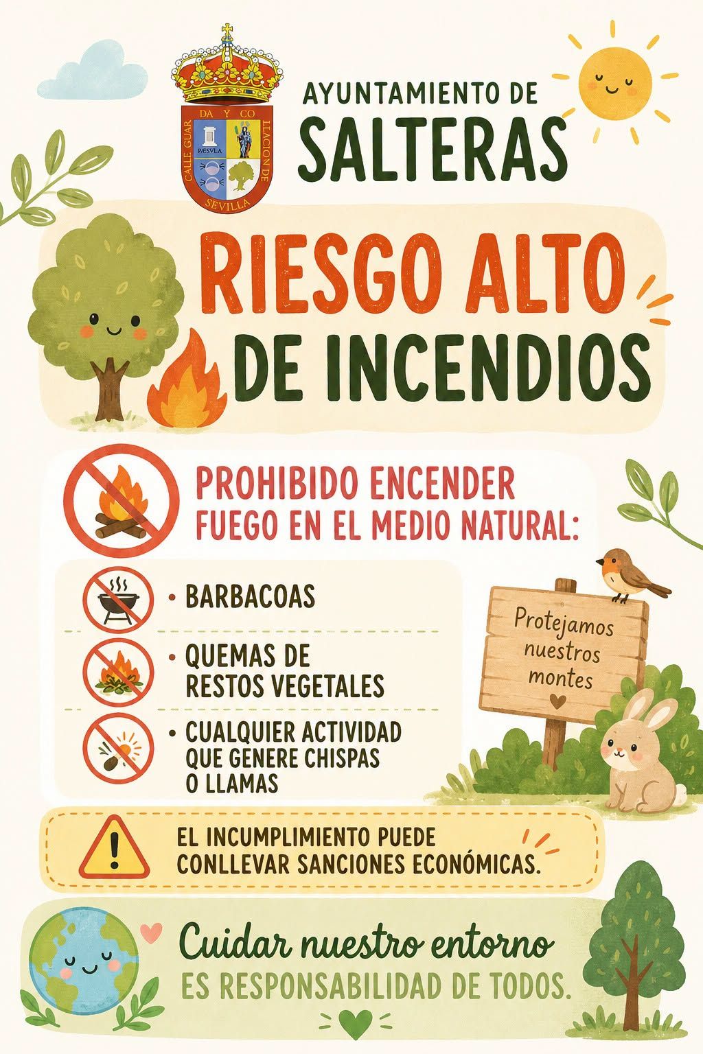 Salteras llama a extremar la precaución ante el alto riesgo de incendios y recuerda la prohibición de hacer fuego