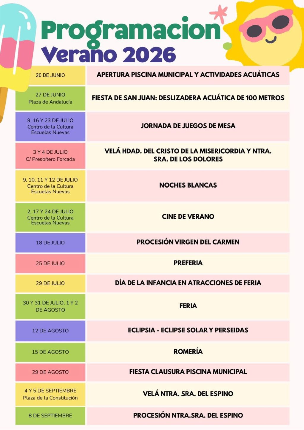 El Pedroso presenta su programación de verano 2026 con cine, feria, romería, Noches Blancas y actividades para toda la familia