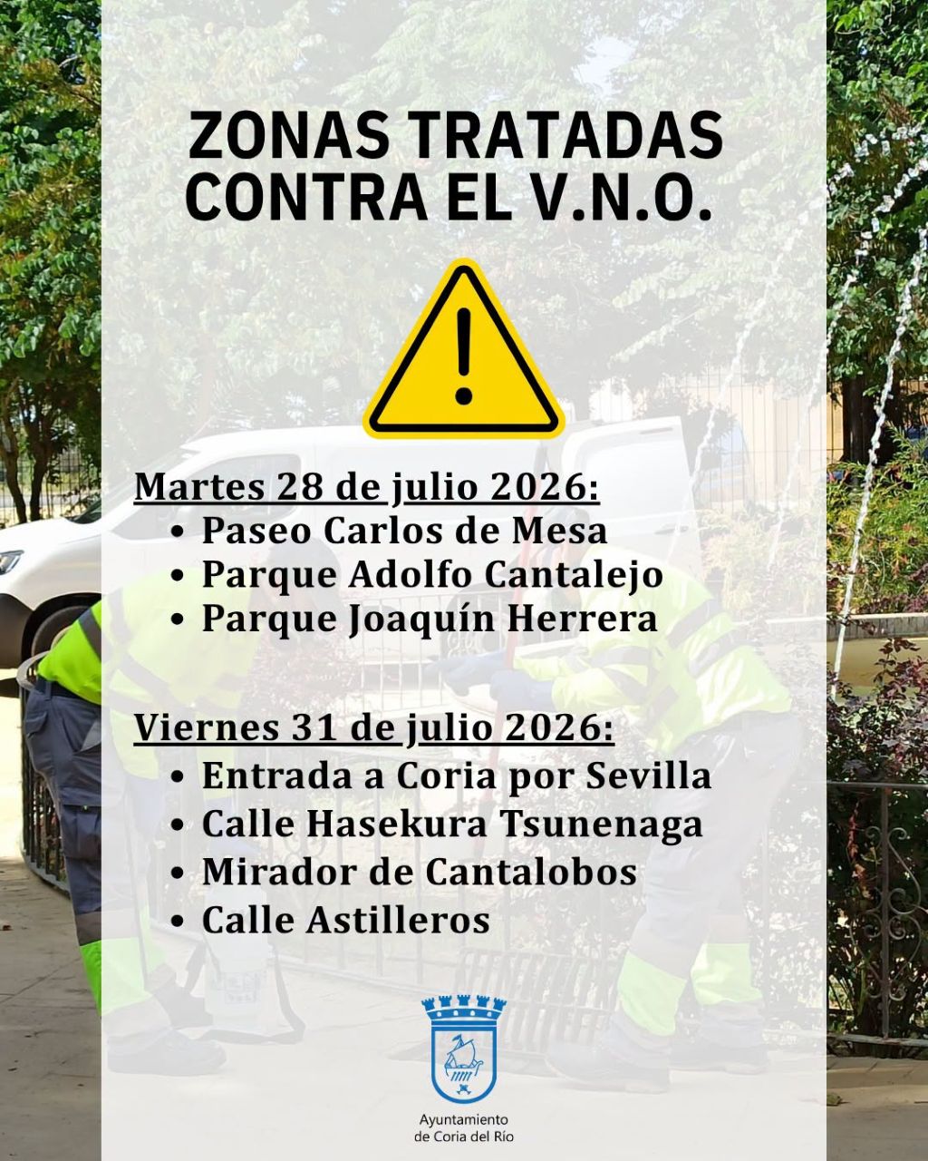 Coria del Río intensifica los tratamientos contra el Virus del Nilo Occidental en varios puntos del municipio