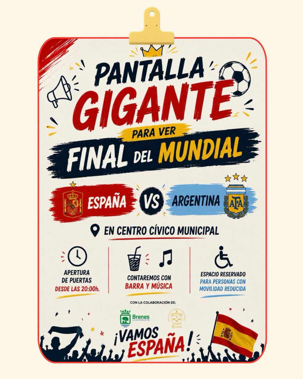 Brenes instalará una pantalla gigante para seguir la final entre España y Argentina