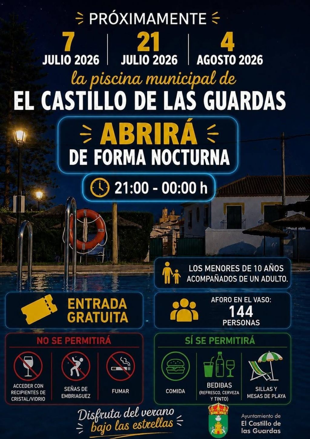 La Piscina Municipal de El Castillo de las Guardas vuelve a abrir sus puertas en horario nocturno
