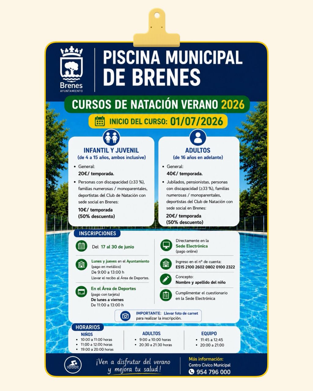 Brenes abre el plazo de inscripción para los cursos de natación del verano 2026