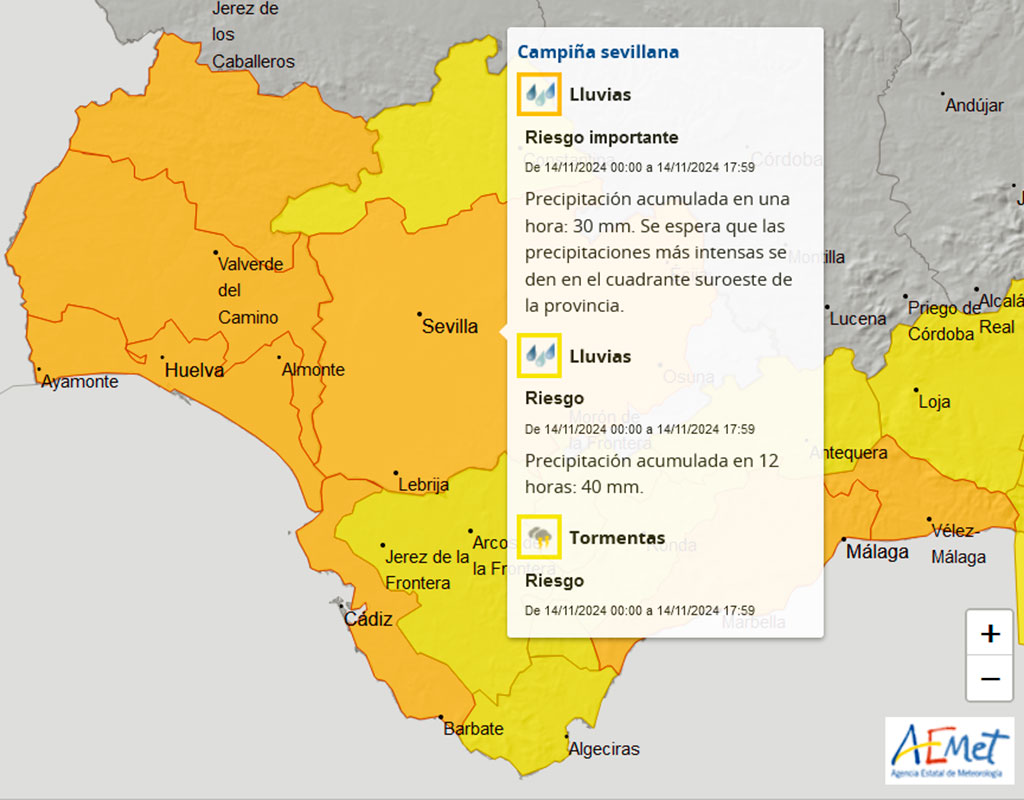 AEMET activa la alerta naranja ante el “riesgo importante” de precipitaciones en la provincia de Sevilla